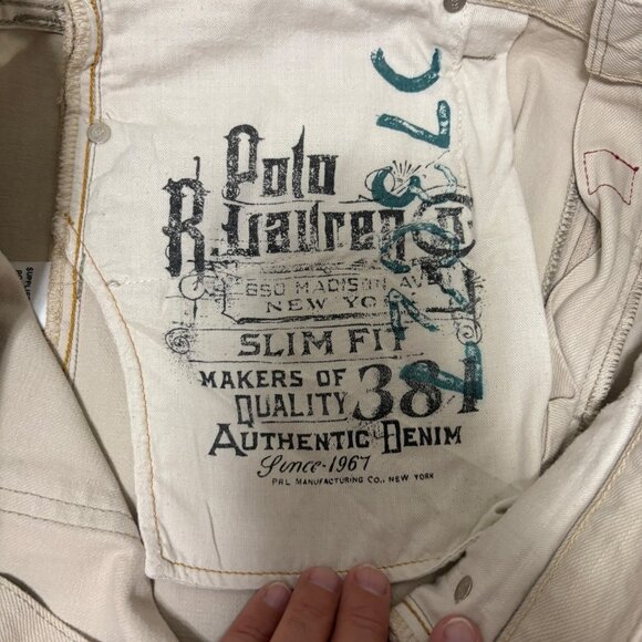 Polo Ralph Lauren Denim Jeans Mens 38 x 32 Beige Slim Fit Straight Leg - Picture 4 of 7